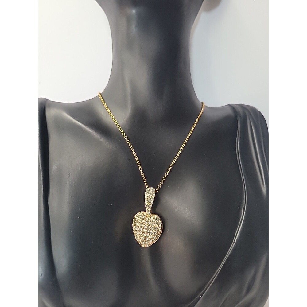 Vintage Gold‎ Tone Clear Crystal Pave Heart Pendant Link Chain Necklace 18 Inch